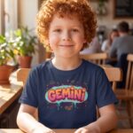 Gemini Street Sign One-Line Youth Classic Tee (Gildan 5000B), White, Light Blue, Sport Grey in use: A bright café with warm natural window light