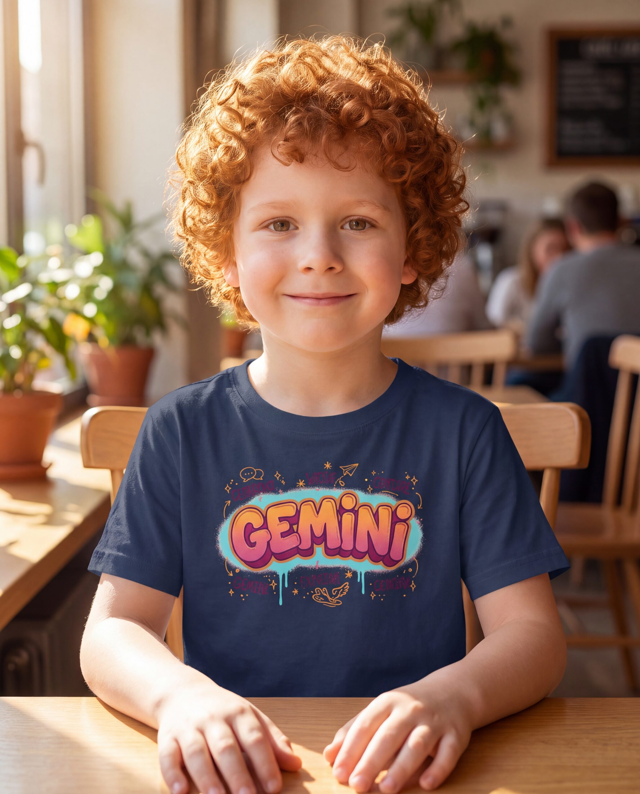 gemini-street-sign-one-line-youth-tee-white-light-blue-sport-grey-2026-10-27-01-a4da73.jpg Gemini Street Sign One-Line Youth Classic Tee (Gildan 5000B), White, Light Blue, Sport Grey in use: A bright café with warm natural window light