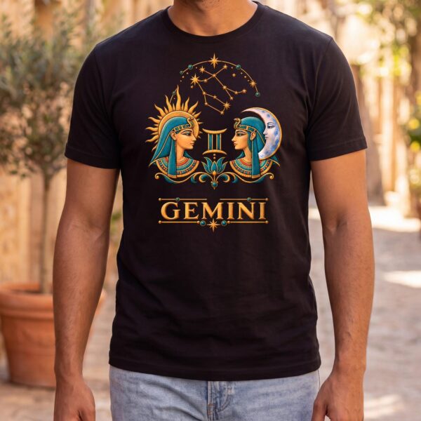 Man walking down a sunny old-town street in the black Gemini Ancient Egypt t-shirt: Egyptian twin busts facing each other, one crowned by the sun and one by the crescent moon, under an arch of the Gemini constellation, with GEMINI in gold letters on its own row below