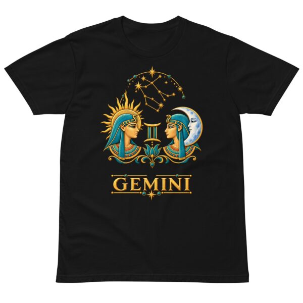 Black Gemini Ancient Egypt unisex t-shirt, front view: Egyptian twin busts facing each other, one crowned by the sun and one by the crescent moon, under an arch of the Gemini constellation, with a lotus between them and GEMINI in gold letters below