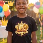 Leo Aries: Street Sign × Scorpio: Street Sign Tail Badge Youth Classic Tee (Gildan 5000B), Black, Azalea, White, Sport Grey in use: A sunny backyard birthday party with colourful balloons, paper crowns and streamers softly out of focus behind, warm g