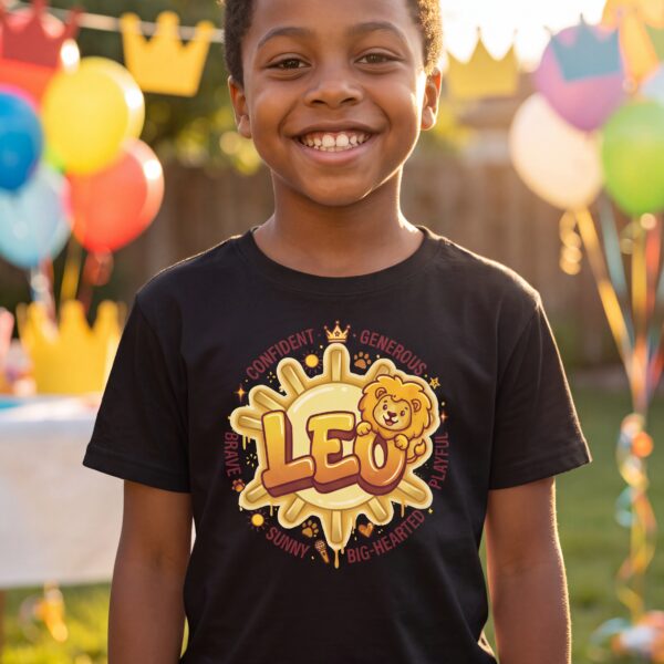 Leo Aries: Street Sign × Scorpio: Street Sign Tail Badge Youth Classic Tee (Gildan 5000B), Black, Azalea, White, Sport Grey in use: A sunny backyard birthday party with colourful balloons, paper crowns and streamers softly out of focus behind, warm g
