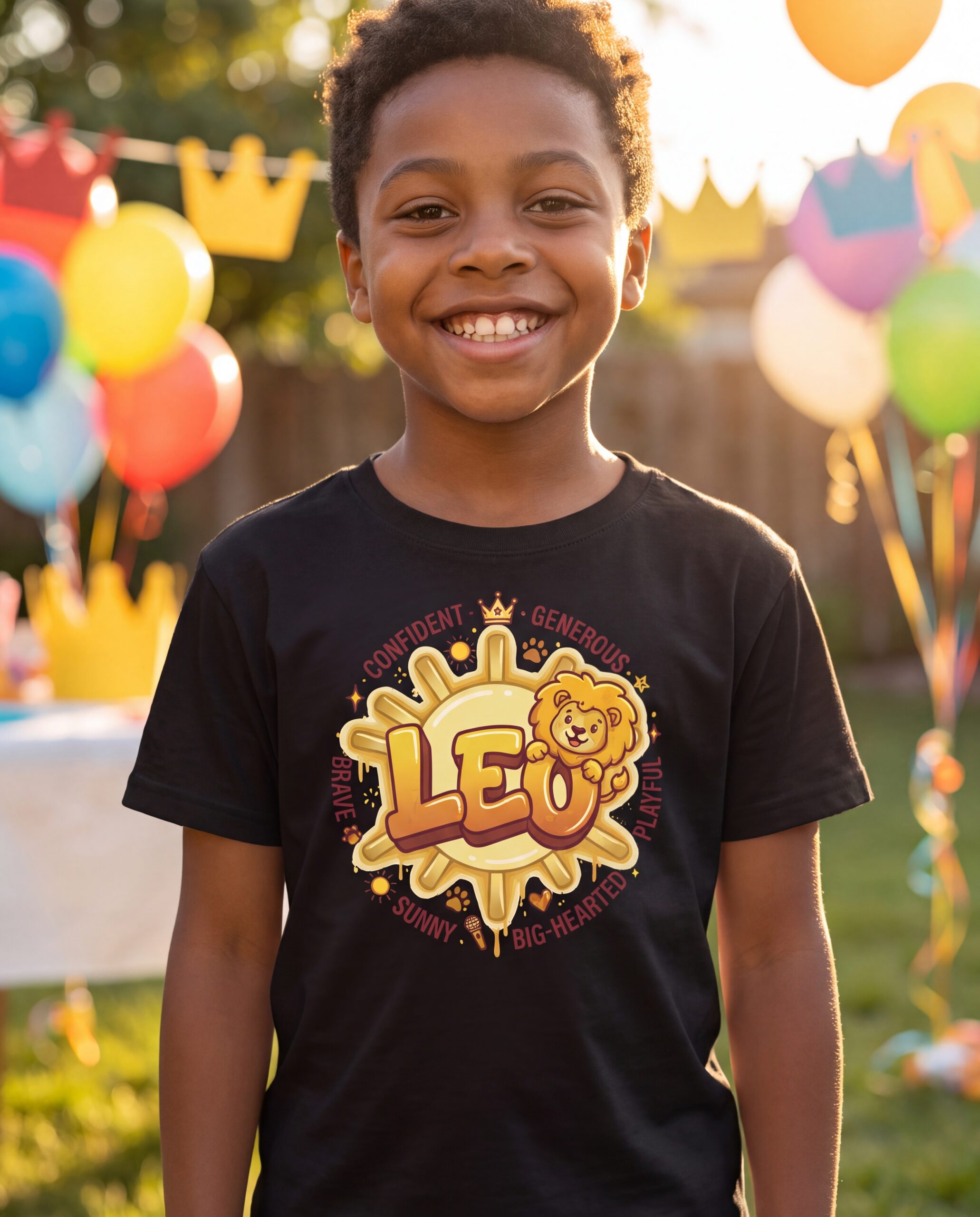leo-aries-street-sign-scorpio-street-sign-tail-badge-youth-tee-black-a-2026-10-27-01-5f9656.jpg Leo Aries: Street Sign × Scorpio: Street Sign Tail Badge Youth Classic Tee (Gildan 5000B), Black, Azalea, White, Sport Grey in use: A sunny backyard birthday party with colourful balloons, paper crowns and streamers softly out of focus behind, warm g
