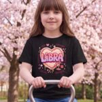 Libra Aries: Street Sign × Scorpio: Street Sign Tail Badge Youth Classic Tee (Gildan 5000B), Black, White, Sport Grey in use: A park seesaw on a bright spring day, cherry blossom trees behind, soft pink-tinted daylight.