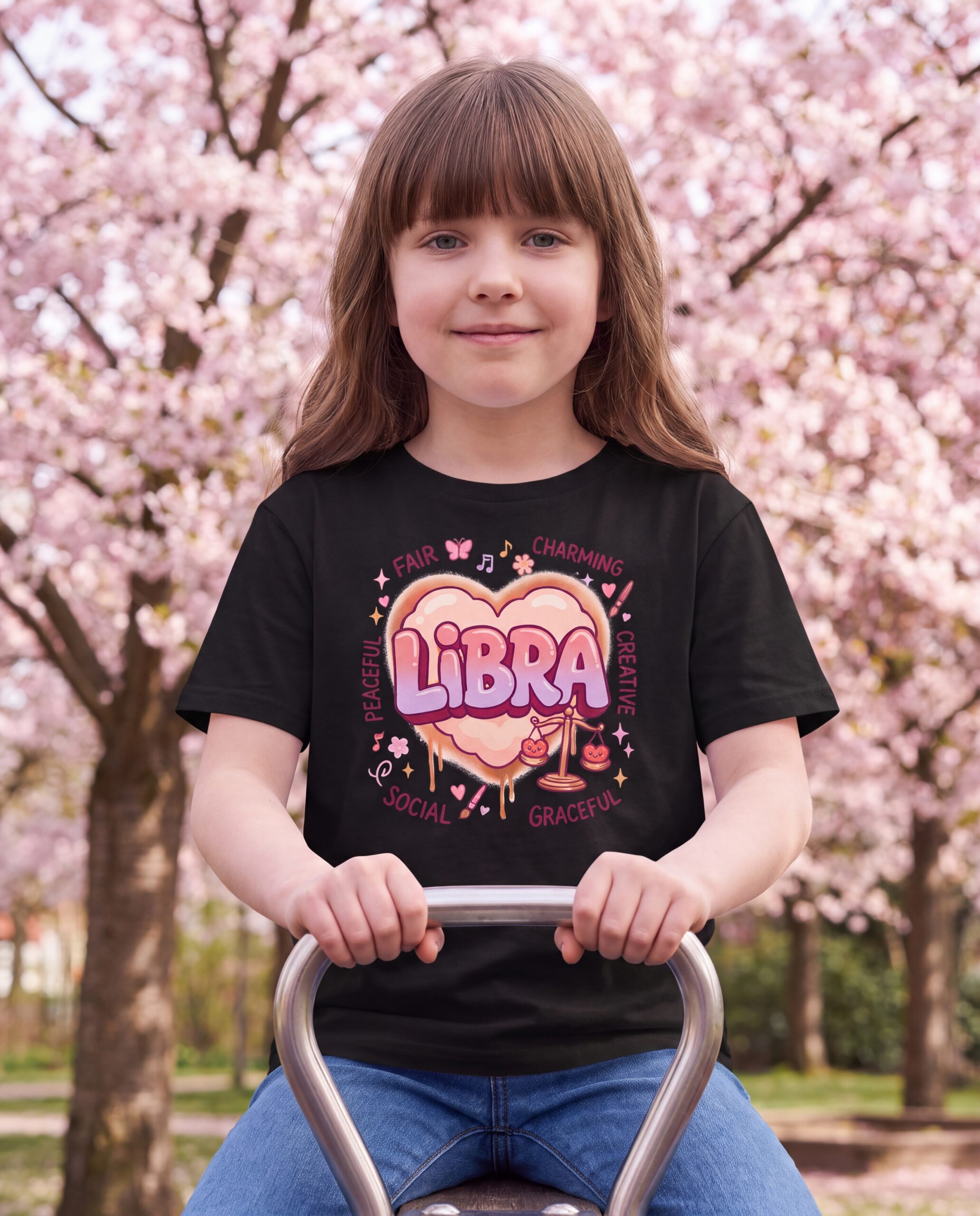 libra-aries-street-sign-scorpio-street-sign-tail-badge-youth-tee-black-2026-10-27-01-0e9f5d.jpg Libra Aries: Street Sign × Scorpio: Street Sign Tail Badge Youth Classic Tee (Gildan 5000B), Black, White, Sport Grey in use: A park seesaw on a bright spring day, cherry blossom trees behind, soft pink-tinted daylight.