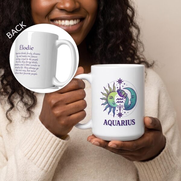 A person holding the personalized Aquarius Day & Night mug with a sun-and-moon Aquarius design