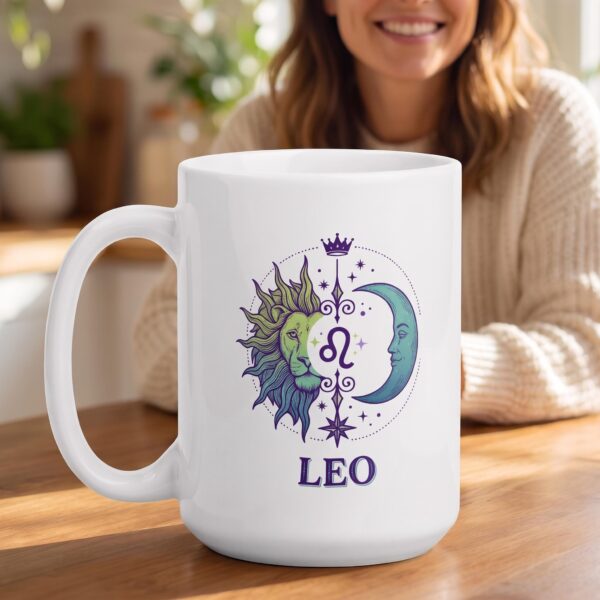 A person holding the personalized Leo Day & Night mug with a sun-and-moon Leo design