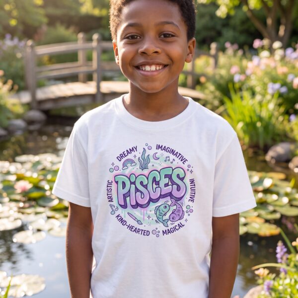Pisces Aries: Street Sign × Scorpio: Street Sign Tail Badge Youth Classic Tee (Gildan 5000B), White, Sport Grey in use: A sunny garden pond with lily pads and a small wooden footbridge, dappled afternoon light, soft pastel colours.