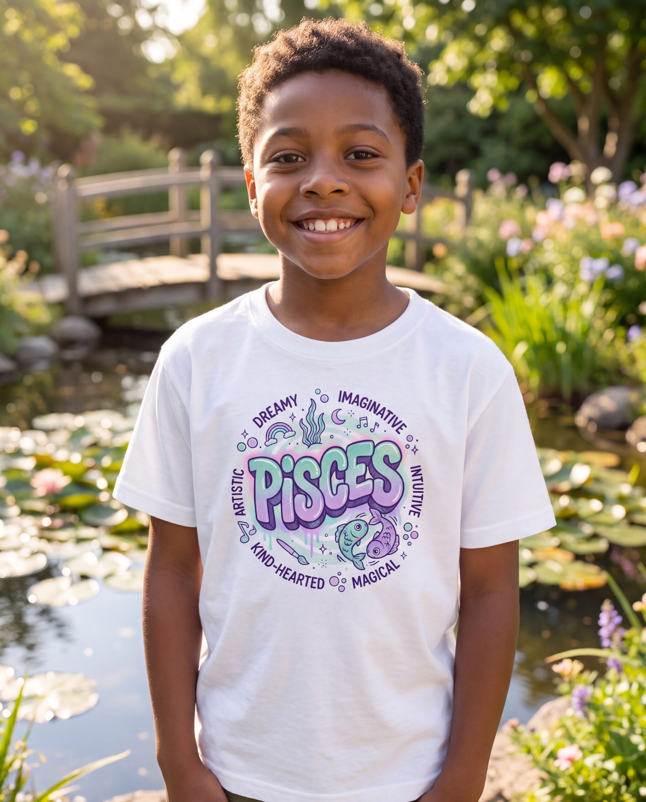pisces-aries-street-sign-scorpio-street-sign-tail-badge-youth-tee-whit-2026-10-27-01-838f6a.jpg Pisces Aries: Street Sign × Scorpio: Street Sign Tail Badge Youth Classic Tee (Gildan 5000B), White, Sport Grey in use: A sunny garden pond with lily pads and a small wooden footbridge, dappled afternoon light, soft pastel colours.