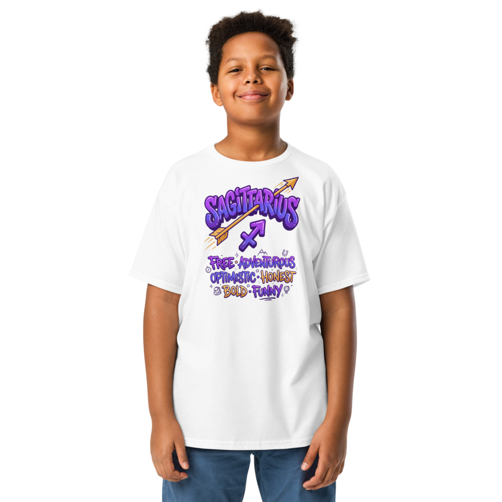 Sagittarius street sign stack youth tee white sport grey light blue 2026 10 27 01 d93667.png
