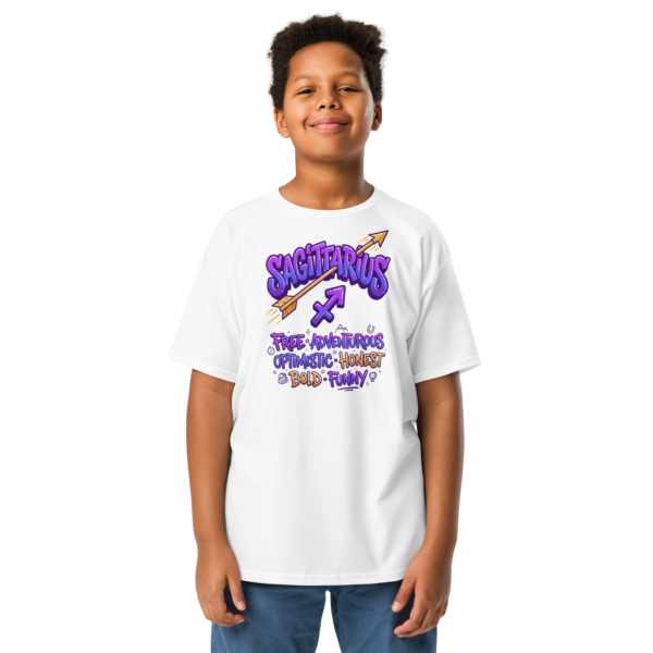 Sagittarius Street Sign Stack Youth Classic Tee (Gildan 5000B), White, Sport Grey, Light Blue, front