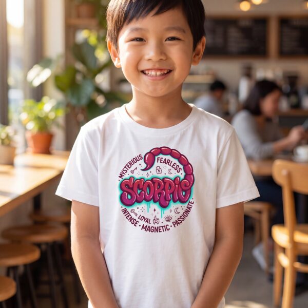 Scorpio Fearless Scorpio T Youth Classic Tee (Gildan 5000B), White, Natural, Sport Grey in use: A bright café with warm natural window light
