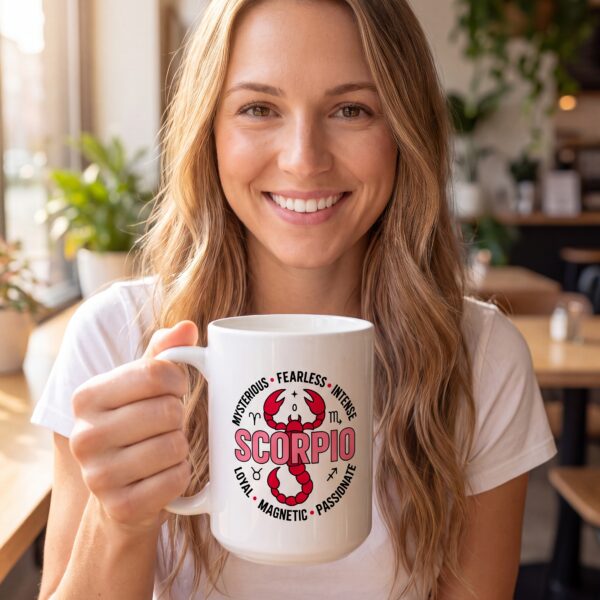 Scorpio Rose & Red Scorpion Badge Mug White Glossy Mug 15 oz, White in use: A bright café with warm natural window light