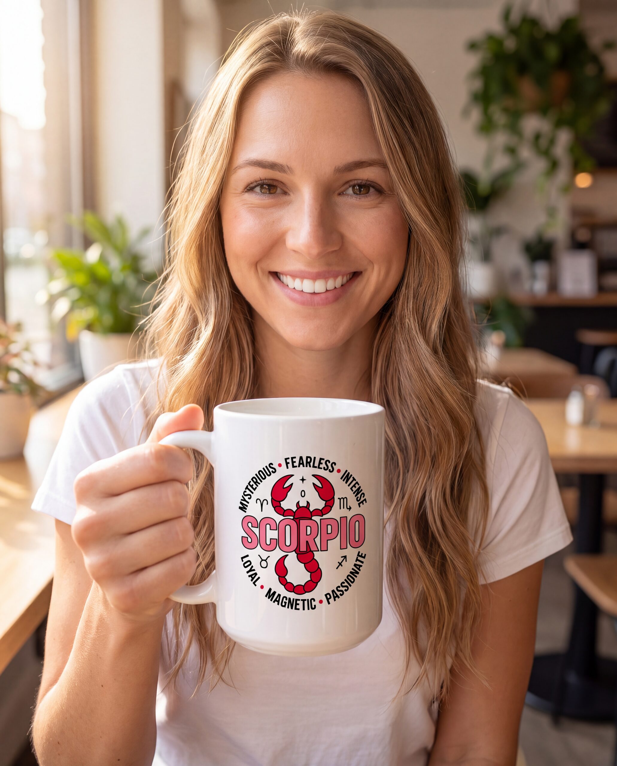 scorpio-rose-red-scorpion-badge-mug-mug-15oz-white-2026-10-27-01-7b2a77.jpg Scorpio Rose & Red Scorpion Badge Mug White Glossy Mug 15 oz, White in use: A bright café with warm natural window light