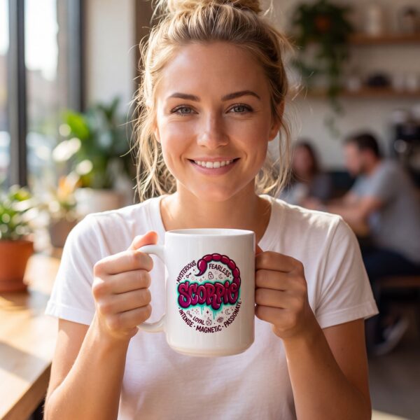 White 15 oz Scorpio Street Sign Tail Badge mug held up in a sunny café: berry-red graffiti SCORPIO lettering on a teal spray glow under a curling scorpion tail, ringed by Mysterious, Fearless, Loyal, Intense, Magnetic and Passionate