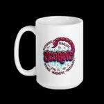Scorpio Street Sign Tail Badge mug, white 15 oz, handle on the left: berry-red graffiti SCORPIO lettering with teal drips under a curling scorpion tail, ringed by Mysterious, Fearless, Loyal, Intense, Magnetic, Passionate, with key, padlock, moon, flame and eye doodles