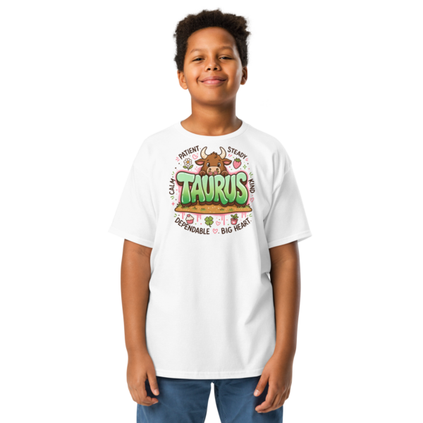 Taurus Street Sign Youth Classic Tee (Gildan 5000B), White, Sport Grey, Natural, front